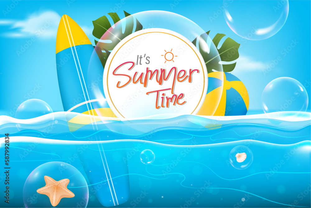 Fresh sunny summer background with beach accessories floating in blue ocean and circle frame space for text