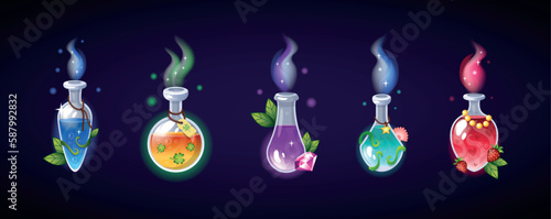 Potion set, poison witch bottles, halloween decor elements. Vintage medicine science glass drinks, magic chemistry beverage. Liquid substance in flasks. Luck and love vector tidy illustration