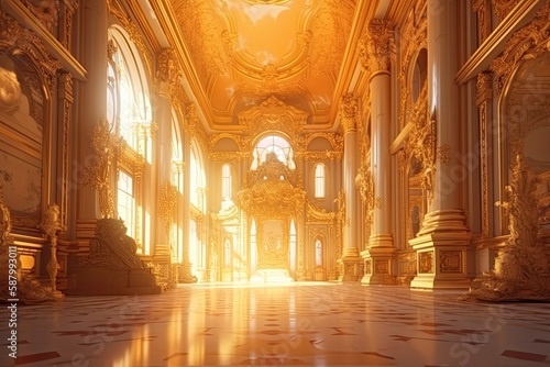 The Throne Room with golden royal chair on a background of red curtains. A realistic fantasy interior of the palace. Place for the king, generative AI