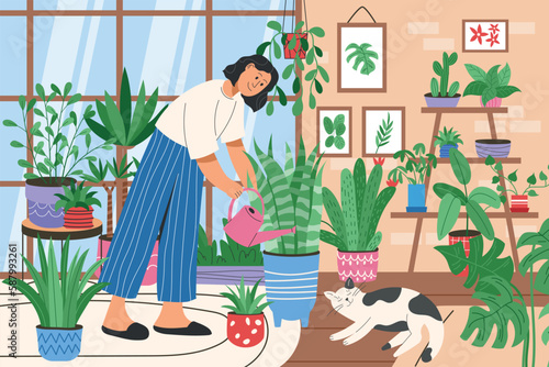 Home plant garden, woman and cat in room, cute houseplants. House interior with lady and table, trendy greenhouse. Happy indoor hobby. Botanical vector garish cartoon flat style characters