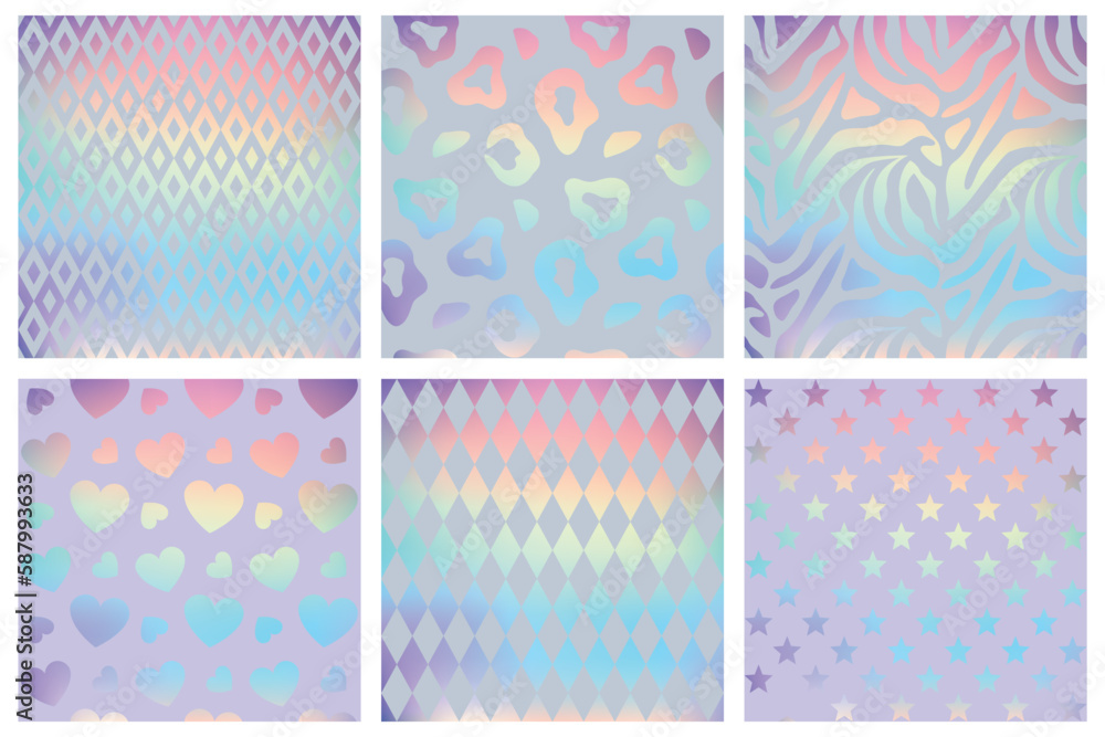 Glitter hologram texture. Foil pattern. Metal gradient. Pastel confetti on paper. Holography neon. Geometric seamless prints set. Iridescent leopard and zebra. Vector abstract background