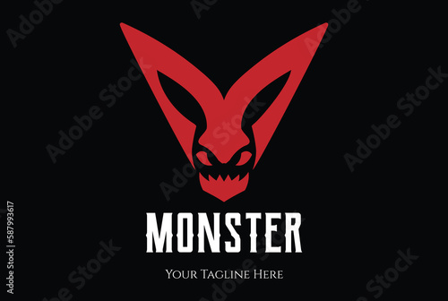 Red Initial Letter M for Monster Satan Devil Evil Demon Face Head Logo Design