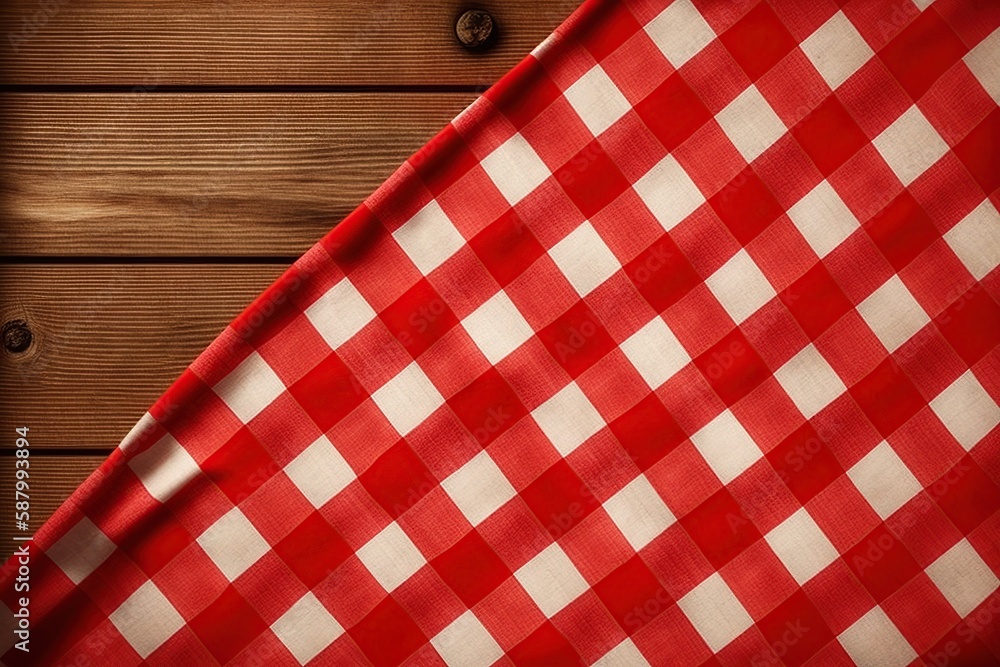 Checkered tablecloth on wooden table. Ai. Picnic backdrop background