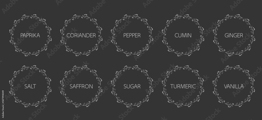 Spice organizer sticker set with white patterns. Vector food labels for spices. Labels for marking. Stickers for spices on a dark background. Vector illustration Spice organizer sticker set with white patterns. Vector food labels for spices. Labels for marking. Stickers for spices on a dark background. Vector illustration
