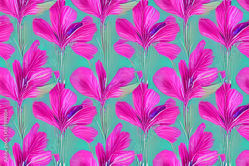 Abstract magenta or purple natural flower  floral  and leaves seamless pattern background. Flower and leaf clip illustration watercolor texture wallpaper. Generative AI.