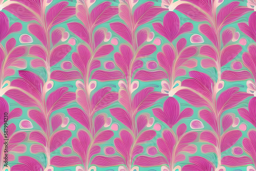 Abstract magenta or purple natural flower, floral, and leaves seamless pattern background. Flower and leaf clip illustration watercolor texture wallpaper. Generative AI.