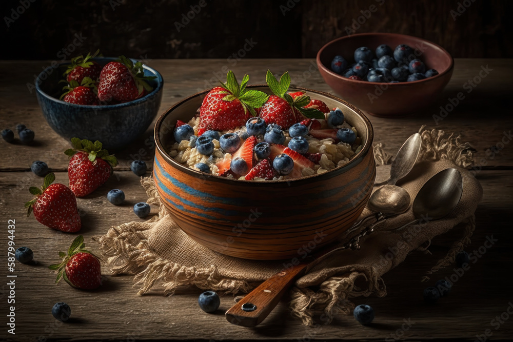 Bowl of homemade oat porridge with fresh blueberries and strawberries, sprinkled with crunchy granola and drizzled with almond milk. A wholesome breakfast for a natural health boost. Generative AI Bowl of homemade oat porridge with fresh blueberries and strawberries, sprinkled with crunchy granola and drizzled with almond milk. A wholesome breakfast for a natural health boost. Generative AI
