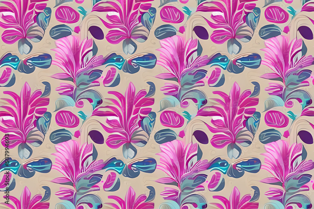 Abstract magenta or purple natural flower, floral, and leaves seamless pattern background. Flower and leaf clip illustration watercolor texture wallpaper. Generative AI.