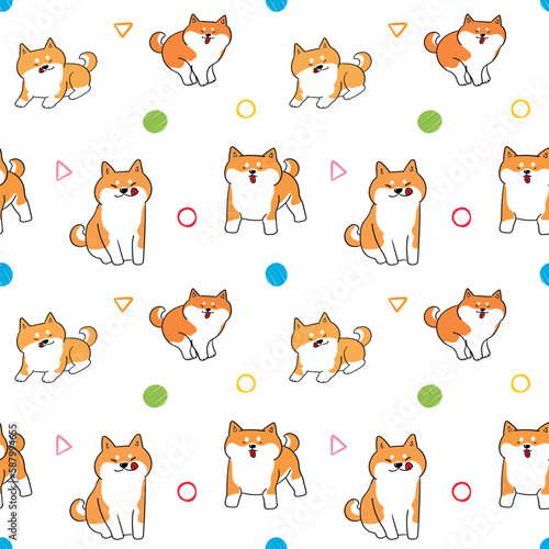 Seamless Pattern with Cartoon Shiba Inu Dog Design on White Background