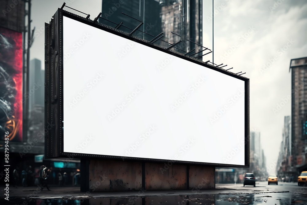 Blank billboard with city buildings. AI Technology Blank billboard with city buildings. AI Technology