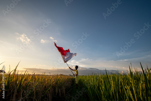 Little boy carrying a red and white flag. in the photo from behind.