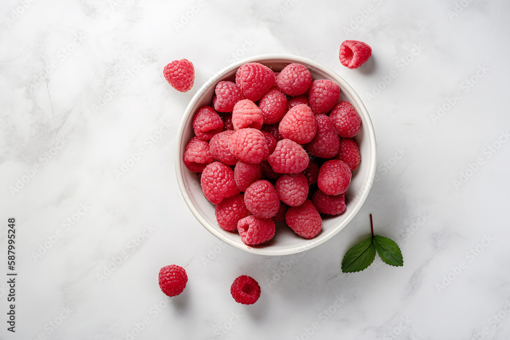 Flatlay top view on a bowl with fresh raspberries on white marble table. Generative AI.