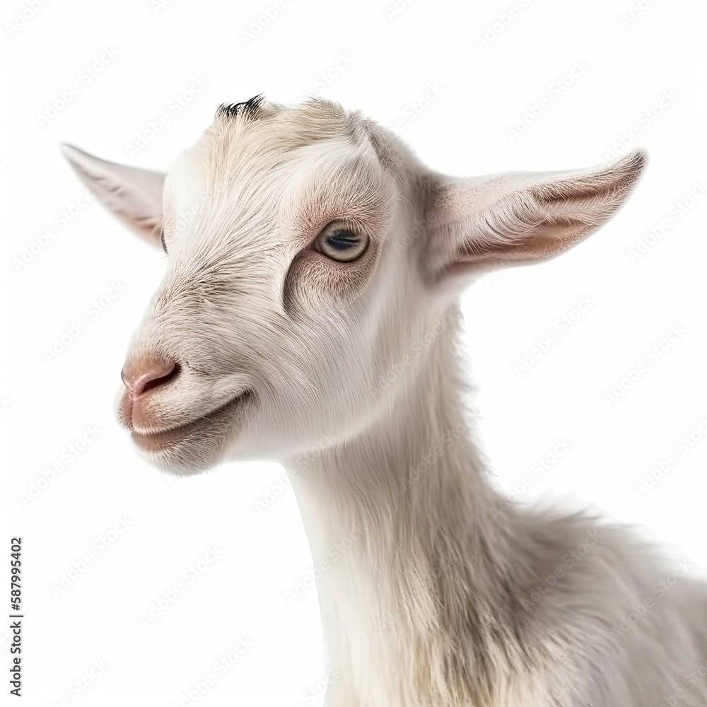 Fototapeta premium Close up portrait of an expressive baby goat with innocent eyes against a white background. Generative AI