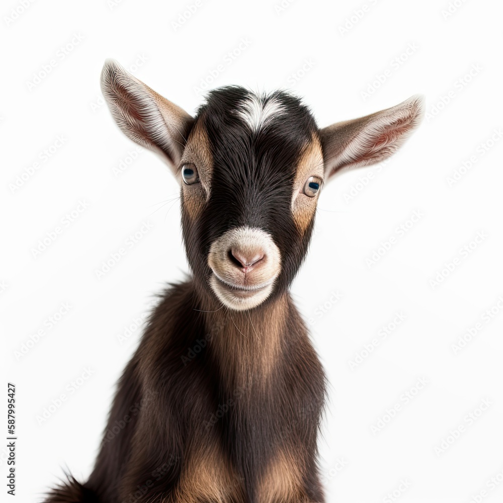 Close up portrait of an expressive baby goat with innocent eyes against a white background. Generative AI Close up portrait of an expressive baby goat with innocent eyes against a white background. Generative AI