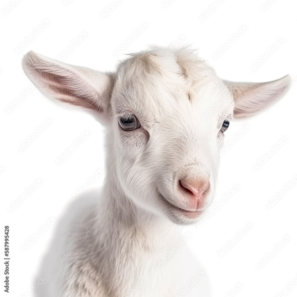 Close up portrait of an expressive baby goat with innocent eyes against a white background. Generative AI Close up portrait of an expressive baby goat with innocent eyes against a white background. Generative AI