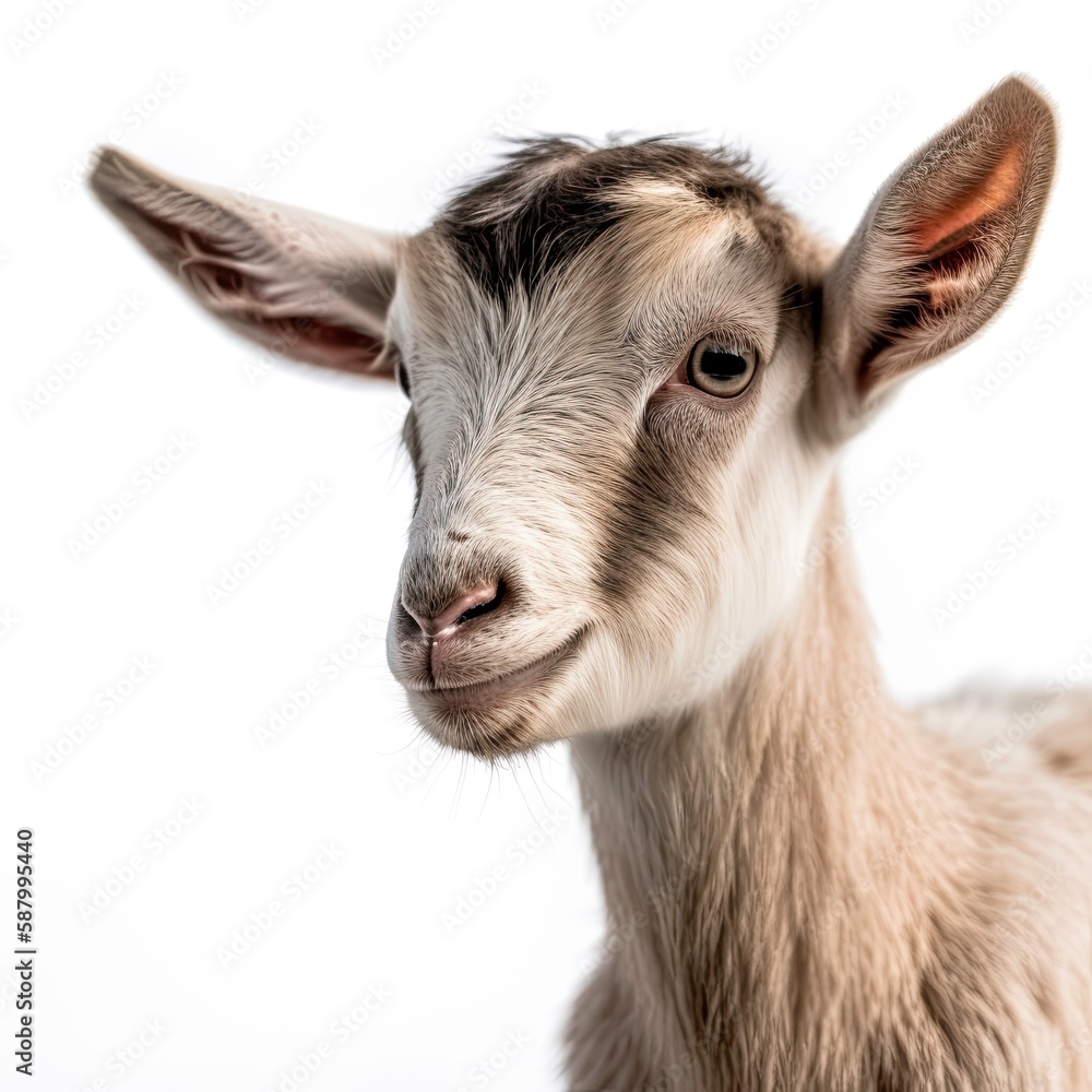 Close up portrait of an expressive baby goat with innocent eyes against a white background.  Generative AI