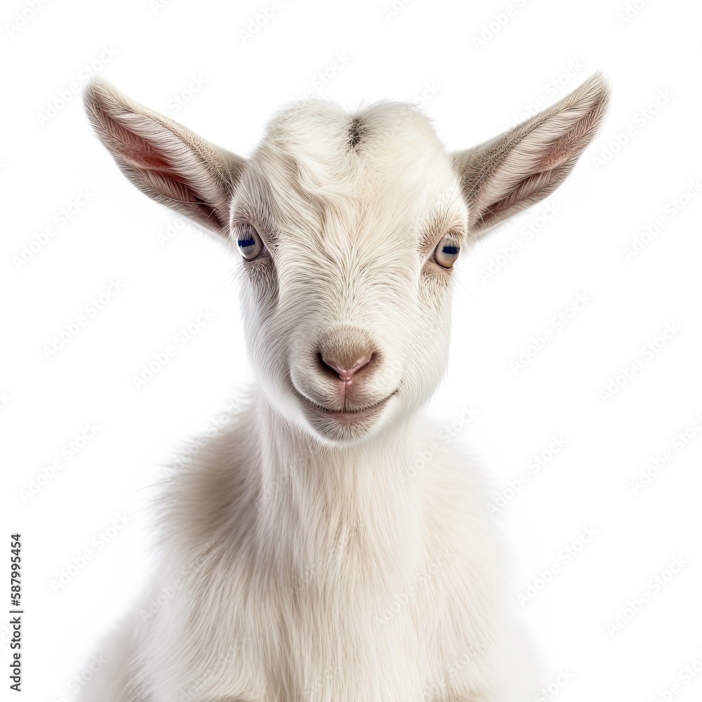 Close up portrait of an expressive baby goat with innocent eyes against a white background. Generative AI Close up portrait of an expressive baby goat with innocent eyes against a white background. Generative AI