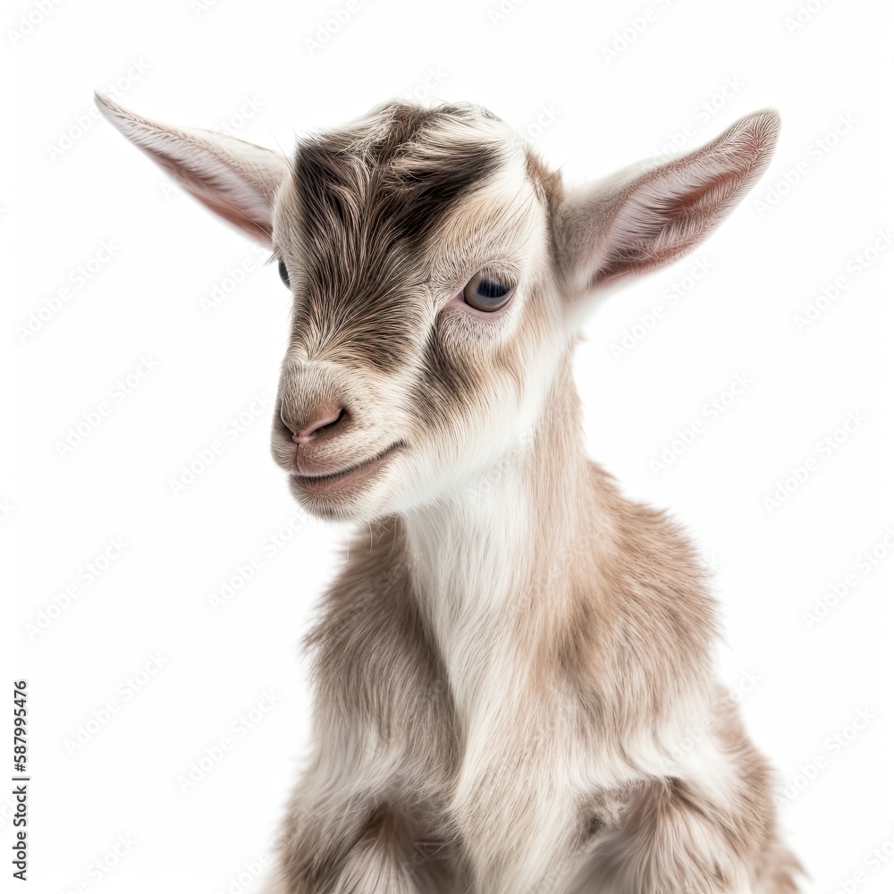 Close up portrait of an expressive baby goat with innocent eyes against a white background.  Generative AI