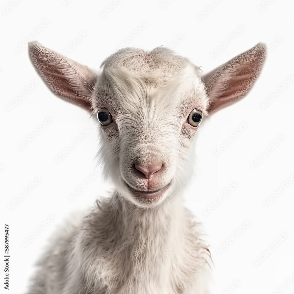 Close up portrait of an expressive baby goat with innocent eyes against a white background. Generative AI Close up portrait of an expressive baby goat with innocent eyes against a white background. Generative AI
