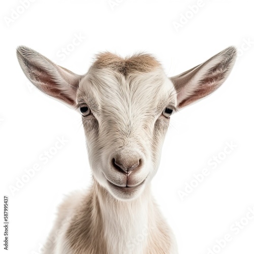 Close up portrait of an expressive baby goat with innocent eyes against a white background.  Generative AI © Gelpi
