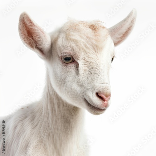 Close up portrait of an expressive baby goat with innocent eyes against a white background. Generative AI