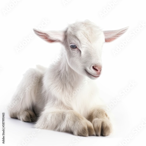 Close up portrait of an innocent and playful baby goat kid with expressive eyes, captured in a minimalistic and wholesome style against a white backdrop. Generative AI