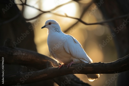 a white dove perched on a tree branch, sunlight, generative IA