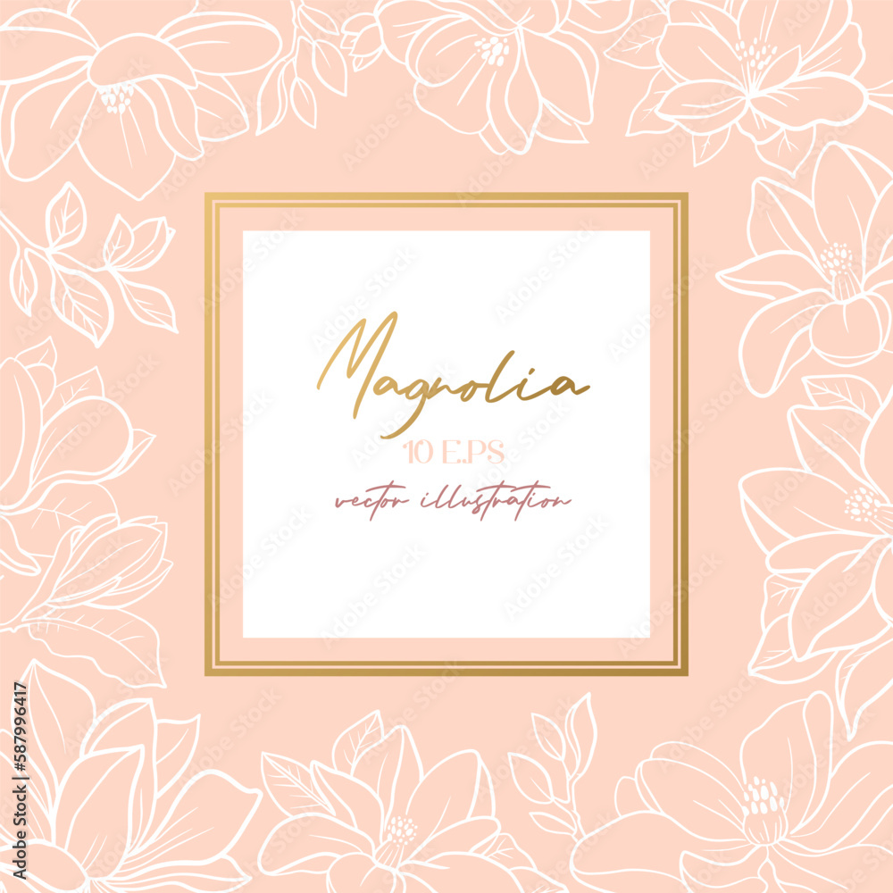 Wedding or party invitation template with a pink magnolia flower. Square card template with botanical design Wedding or party invitation template with a pink magnolia flower. Square card template with botanical design