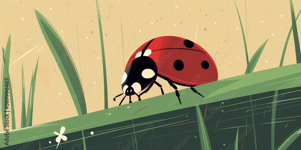 A cute ladybug with its characteristic red and black spots sits on a green blade of grass, creating a vivid and eye-catching contrast. Generative AI. A cute ladybug with its characteristic red and black spots sits on a green blade of grass, creating a vivid and eye-catching contrast. Generative AI.