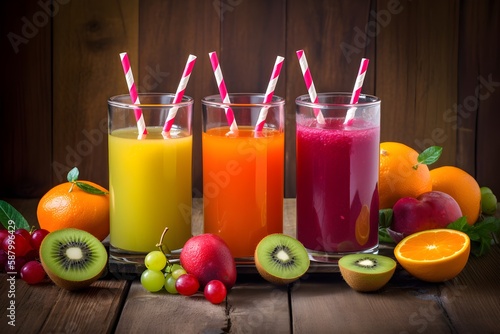 Fresh smoothies in glass jars with fruits and vegetables on wooden background, Fresh Colorful Juices Smoothie. generative ai