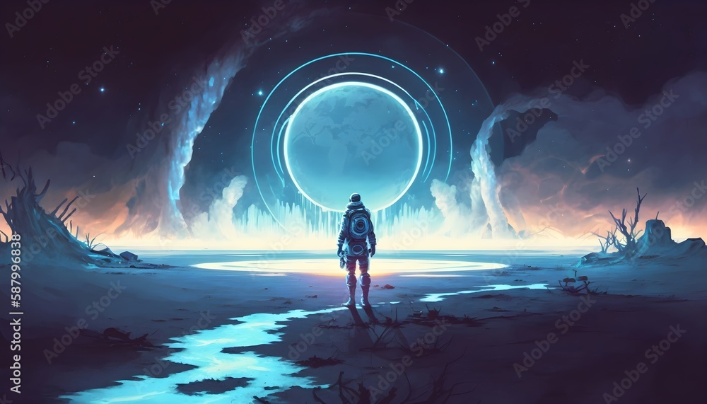 spaceman walking on planet with glowing blue ring light, digital art style, illustration painting, Generative AI