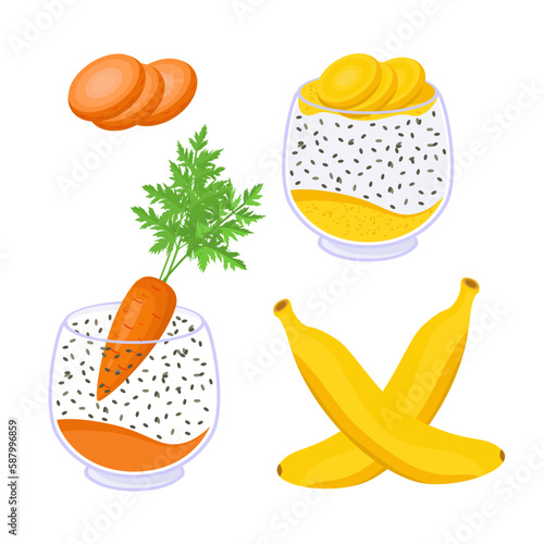 Chia pudding with banana and carrot. Vector set.