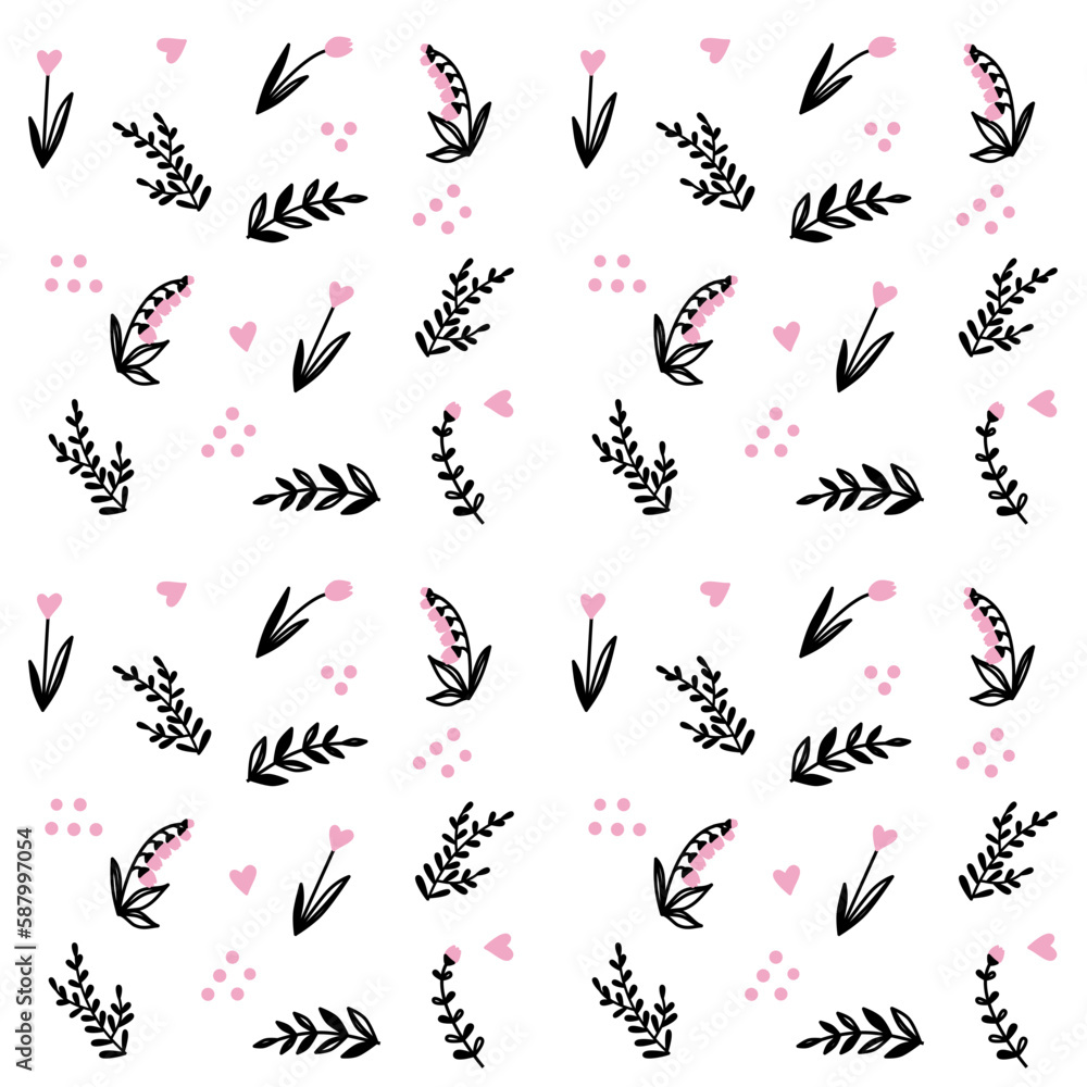 Floral patern with a contour image of leaves, flowers, twigs, vector graphic drawing on a white background. Floral patern with a contour image of leaves, flowers, twigs, vector graphic drawing on a white background.