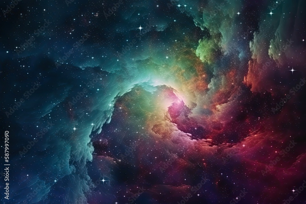 Naklejka premium A galaxy filled with colorful stars and nebulae, surrounded by a dark and mysterious outer space. background Generative AI