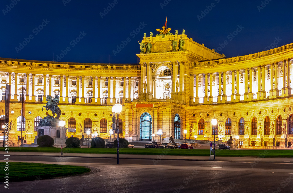 Hofburg palace on Heldenplatz square at night, center of Vienna, Austria