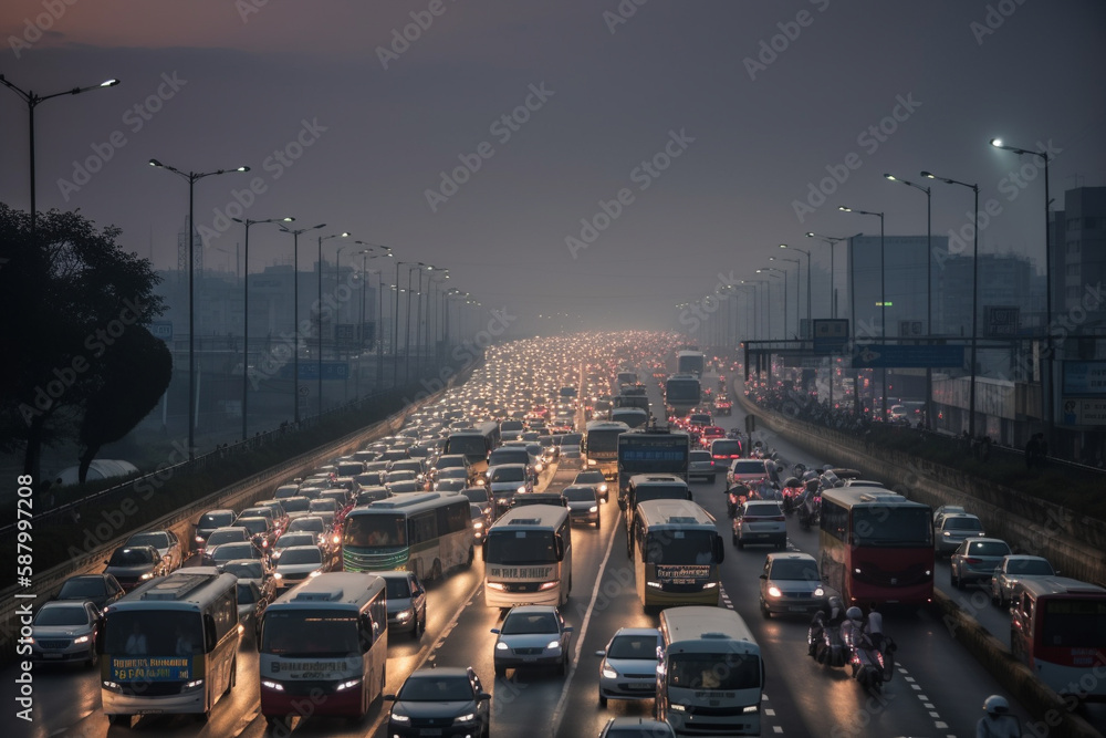 An illustration of a chaotic traffic jam on a busy highway, with vehicles at a standstill. Ai generated. An illustration of a chaotic traffic jam on a busy highway, with vehicles at a standstill. Ai generated.