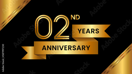 2nd Anniversary. Anniversary template design with number and golden ribbon. Logo Vector Template