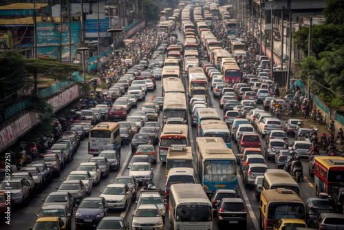 An illustration of a chaotic traffic jam on a busy highway, with vehicles at a standstill. Ai generated. © ankreative