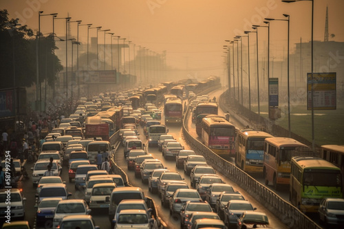 An illustration of a chaotic traffic jam on a busy highway, with vehicles at a standstill. Ai generated.