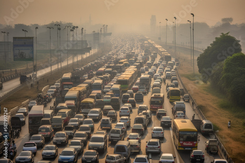 An illustration of a chaotic traffic jam on a busy highway, with vehicles at a standstill. Ai generated.