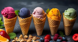 Various varieties of ice cream in cones with mint, blueberry, strawberry, pistachio, cherry and chocolate on grey stone background. generative ai