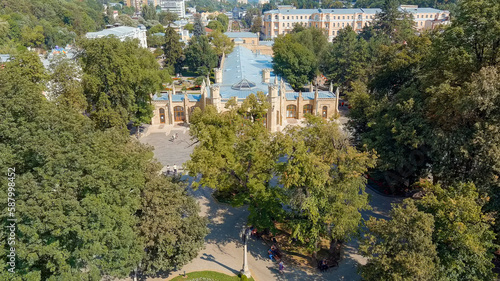 Kislovodsk, Russia. Narzan Gallery - an architectural monument of the XIX century, located in the resort park of the city of Kislovodsk, Aerial View © nikitamaykov