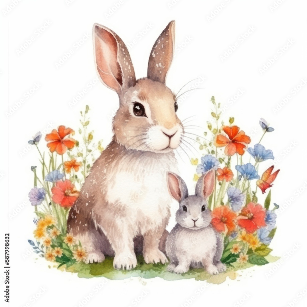 Watercolor illustration of hares with flowers. Isolated on white background