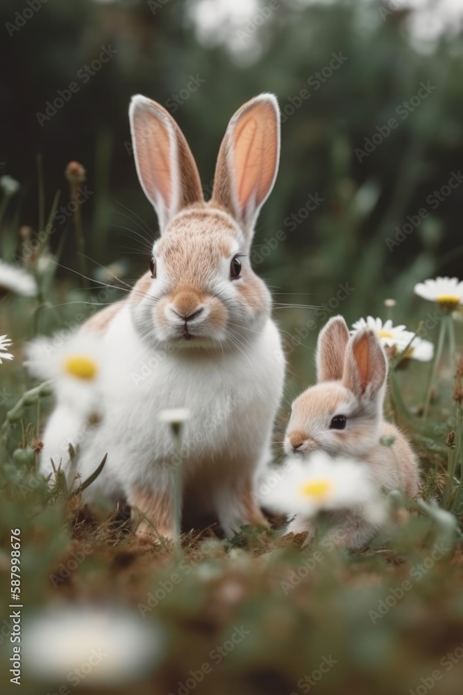 Happy Easter hares on the lawn with flowers Happy Easter hares on the lawn with flowers