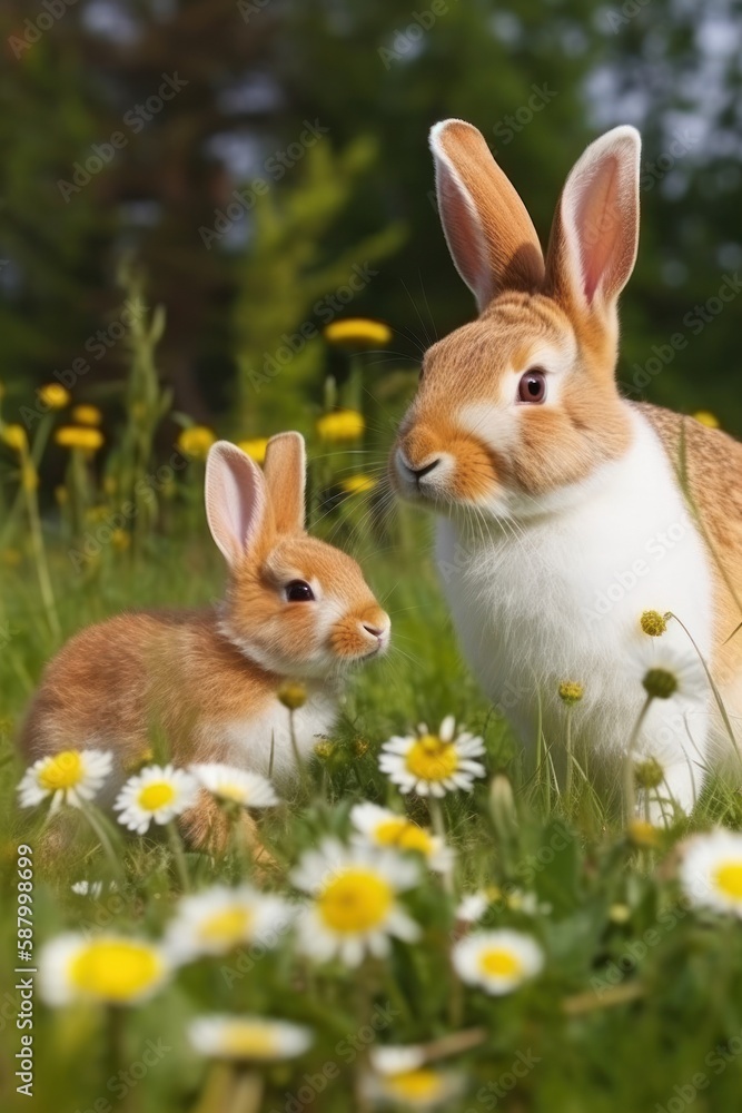 Fototapeta premium Happy Easter hares on the lawn with flowers