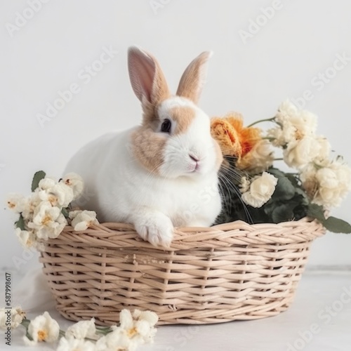 Illustration Hare in a basket  with flowers. Easter greetings