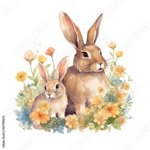 Watercolor illustration of hares with flowers. Isolated on white background