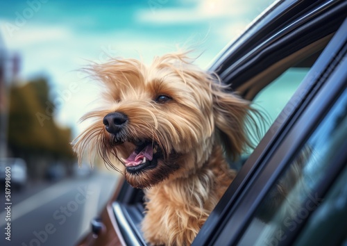 Adorable cute dog looking from car window. Fast motion wind in fur. Pet enjoying summer vacation trip. Outdoor background. Generated with AI.