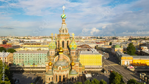 Aerial view of the Savior on Spilled Blood next to the park in the historical and at same time modern city of St. Petersburg at sunny summer afternoon