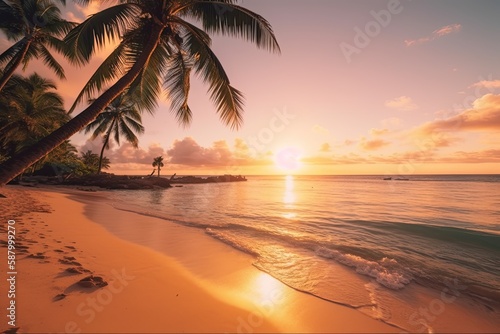 A serene beach with crystal-clear water, palm trees, and a beautiful sunset in the background Generative AI © PinkiePie